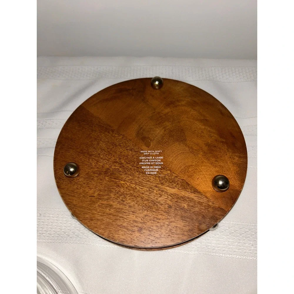 Glass Cloche Dome with Wood Base Brass Hammered Trim Small Cake Cheese Stand